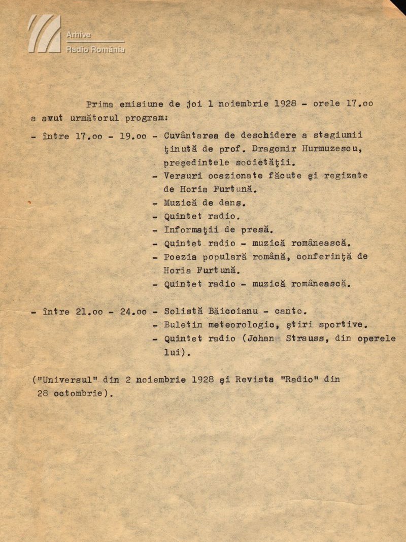 Programul primei emisiuni radio (1928)